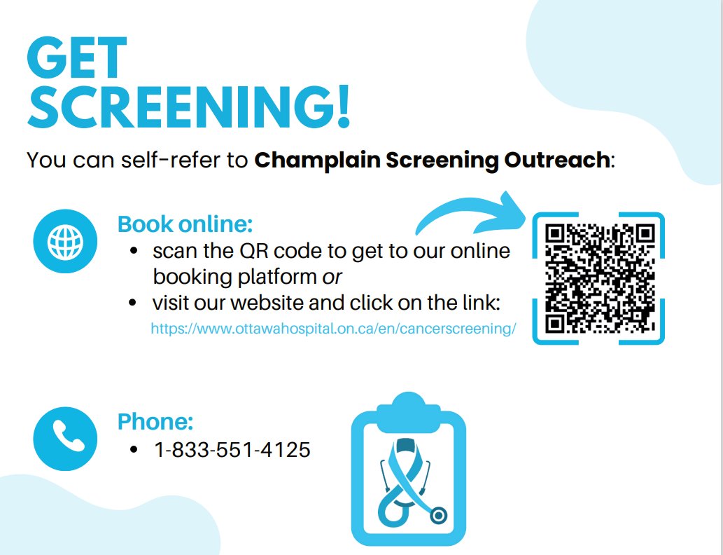 #DYK if you don't have a family doctor in Eastern Ontario you can still access cancer screening. Thanks to @Anwilkinson and @OttawaHealth, the @ChamplainScreen Outreach program with the @OttawaHospital allows anyone to access the care with this important screening. Book a…