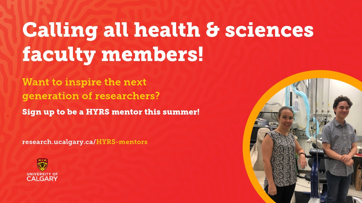 Calling all health and sciences faculty members @UCalgary! Passionate about inspiring the next generation of researchers? Become a mentor for the 2024 High School Youth Researcher Summer (HYRS) Program! More info & to sign up: research.ucalgary.ca/students/alber…