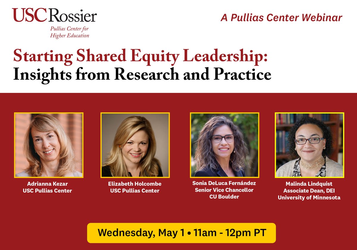 It's not too late to register for tomorrow's 'Starting Shared Equity Leadership' webinar with @AdriannaKezar, Elizabeth Holcombe and reps from @CUBoulder and University of Minnesota (@UMNews): uscrossier.zoom.us/webinar/regist… @USCRossier @ResearchAtUSC