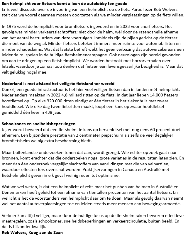 Een helmplicht komt volgens @WolversRob alleen de autolobby ten goede. De kans op ernstig hersenletsel is niet zo groot als de helm-lobby ons wil doen geloven. Wij willen maatregelen met bewezen effect voor de verkeersveiligheid: rustiger autoverkeer. parool.nl/columns-opinie…