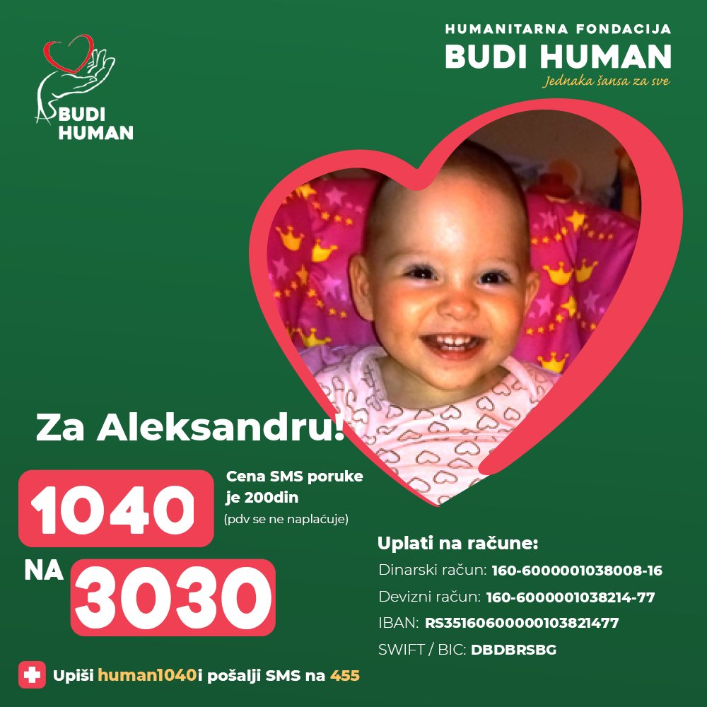 Pomozimo Aleksandri!

Upišimo 1040 i pošaljimo SMS na 3030

budihuman.rs/korisnik/1040/…

#budihuman #jednakašansazasve