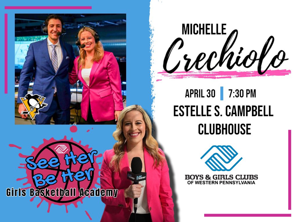 Looking forward to hearing <a href="/penguins/">Pittsburgh Penguins</a> team reporter, <a href="/MCrechiolo/">Michelle Crechiolo</a>, speak with our #SeeHerBeHer girls tonight! 🩷🩵