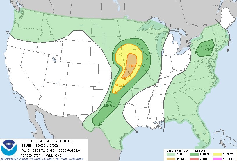 11:31am CDT #SPC Day1 Outlook Enhanced Risk: this afternoon and evening across parts of western Iowa, southeast Nebraska, northeast Kansas, and northwest Missouri spc.noaa.gov/products/outlo…