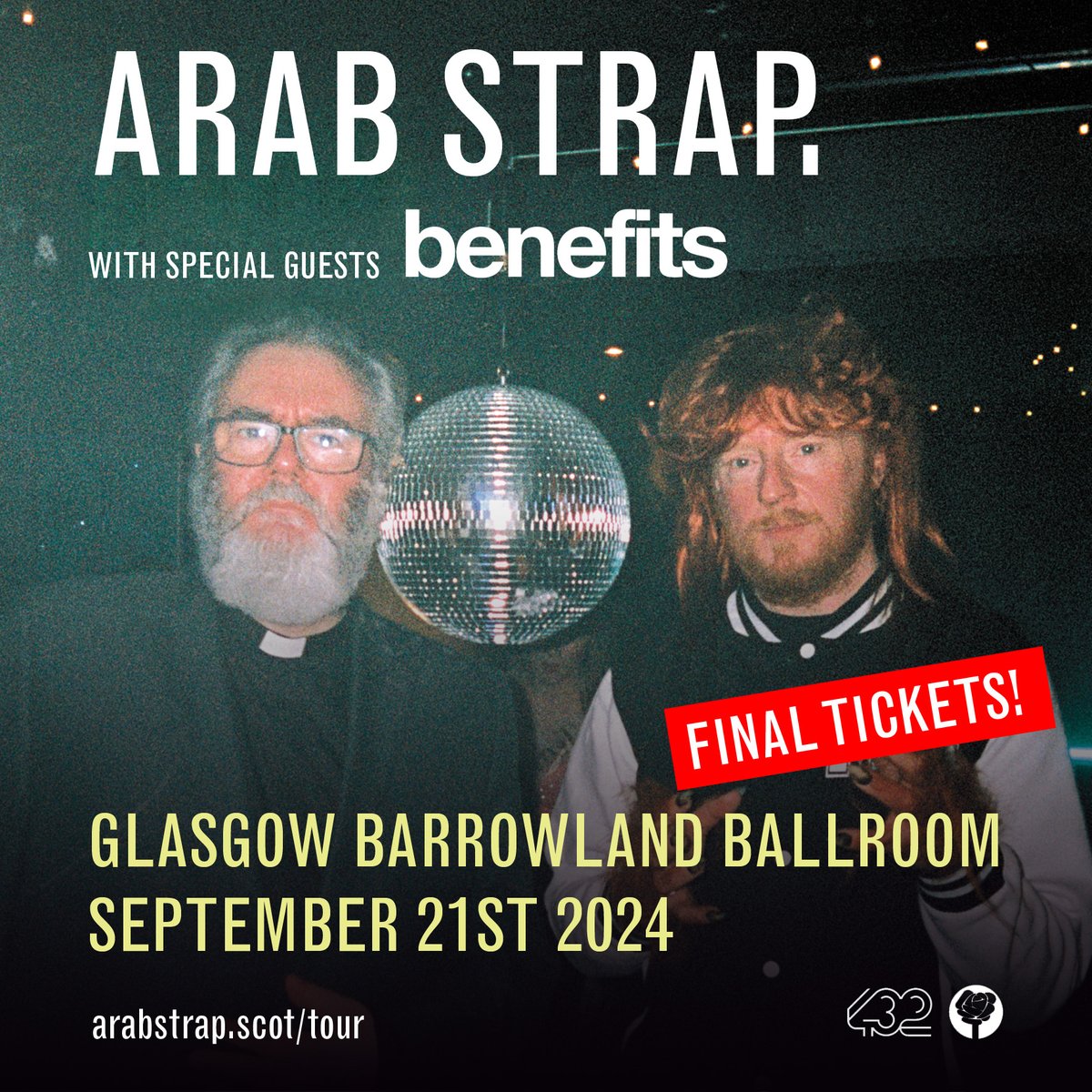 SUPPORT ANNOUNCED! The amazing #Benefits will be joining Arab Strap on their massive Glasgow Barrowland headliner on 21 September! ✨ Tickets running low, so get in quick! 🙌 Final tickets HERE ➡️ bit.ly/425Mb7H