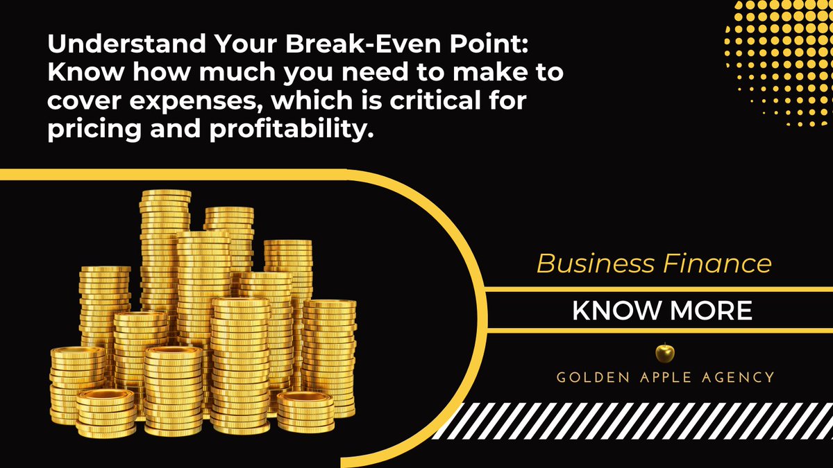 Understand Your Break-Even Point: Know how much you need to make to cover expenses, which is critical for pricing and profitability.💡💰 📊

#goldenappleagencyinc #Jacksonville #Florida  #BreakEvenAnalysis #ProfitabilityInsights #PriceStrategies