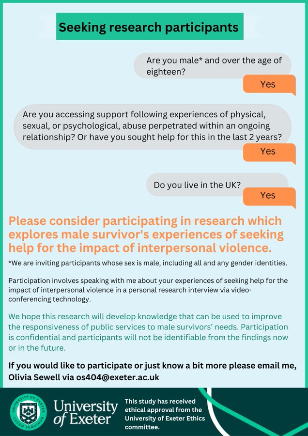 I am looking to speak with men about experiences of help-seeking for the impact of interpersonal violence in a research interview via MS Teams.  Details below

Please consider participating in this research if you are eligible and please share widely

#Research #Men #MaleSurvivor