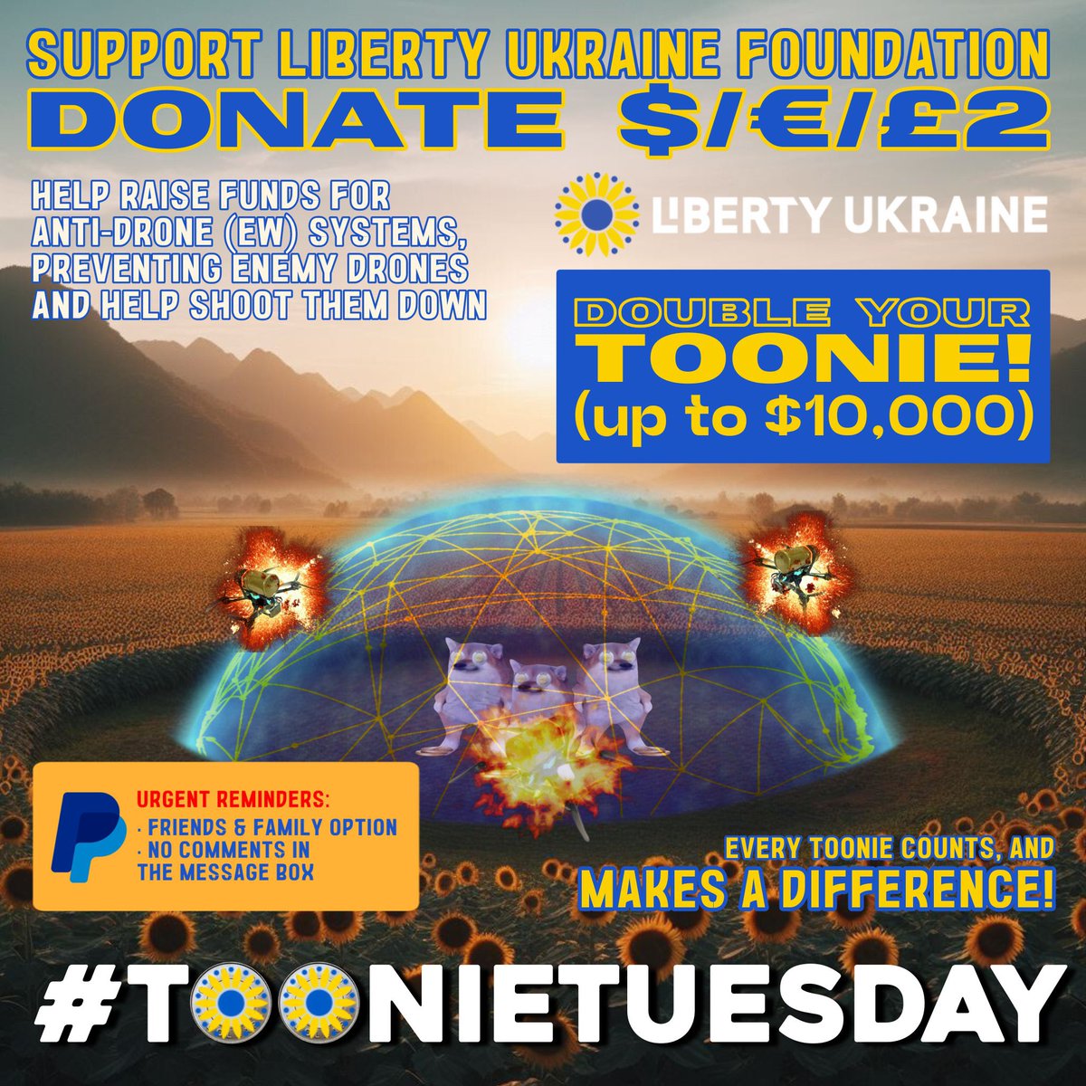 Hey Ukrainiacs it’s Toonie Tuesday! Today your Toonies go TWICE as far due to $10,000 in matching 💸💸 So search under the sofa cushions and in the sock drawer for an extra Toonie as we raise 💰 to purchase anti-drone jamming gear 📡🚁 for the 🇺🇦 defenders! Details ⤵️⤵️⤵️