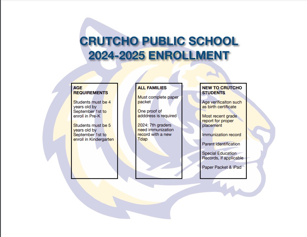 Time to enroll now for next Fall to be a Crutcho Tiger!
Returning students, new students and transfers, please visit crutchoesd.org for enrollment packets. Parents need to turn in packets to the Crutcho Schools office please. #nextyear #TigerNation #enrollment #oklaed