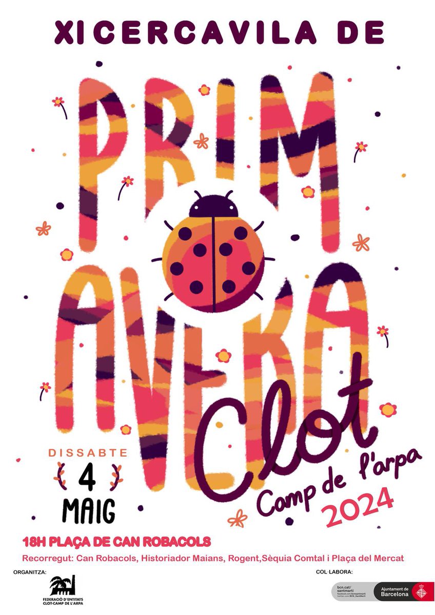 🔴🟣🟡⚫️🟢🔵⚪️⚫️ 🟤🟣

Dissabte 4 torna la cercavila de primavera. No us perdeu a les entitats de cultura popular del barri fent una mostra de la seva especialitat. A les 18 hores a la plaça Can Robacols. En finalitzar es farà el Pica Foc.

🔴🟣🟡⚫️🟢🔵⚪️⚫️ 🟤🟣