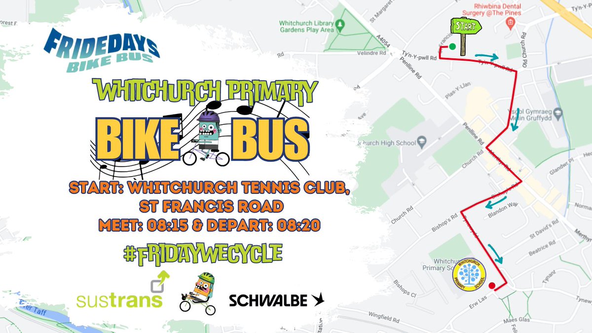 BIKE BUS: Looking forward to joining @whitchurchprm #BikeBus team on Friday! Really keen to see their @fridedaysbb #BikeBus grow so come and join us for the ride to school! 🚲🎶🏴󠁧󠁢󠁷󠁬󠁳󠁿🙌 #FridayWeCycle 📅 FRIDAY 3RD MAY 📍 Whitchurch Tennis Club ⏰ Meet: 08:15 - Depart: 08:20