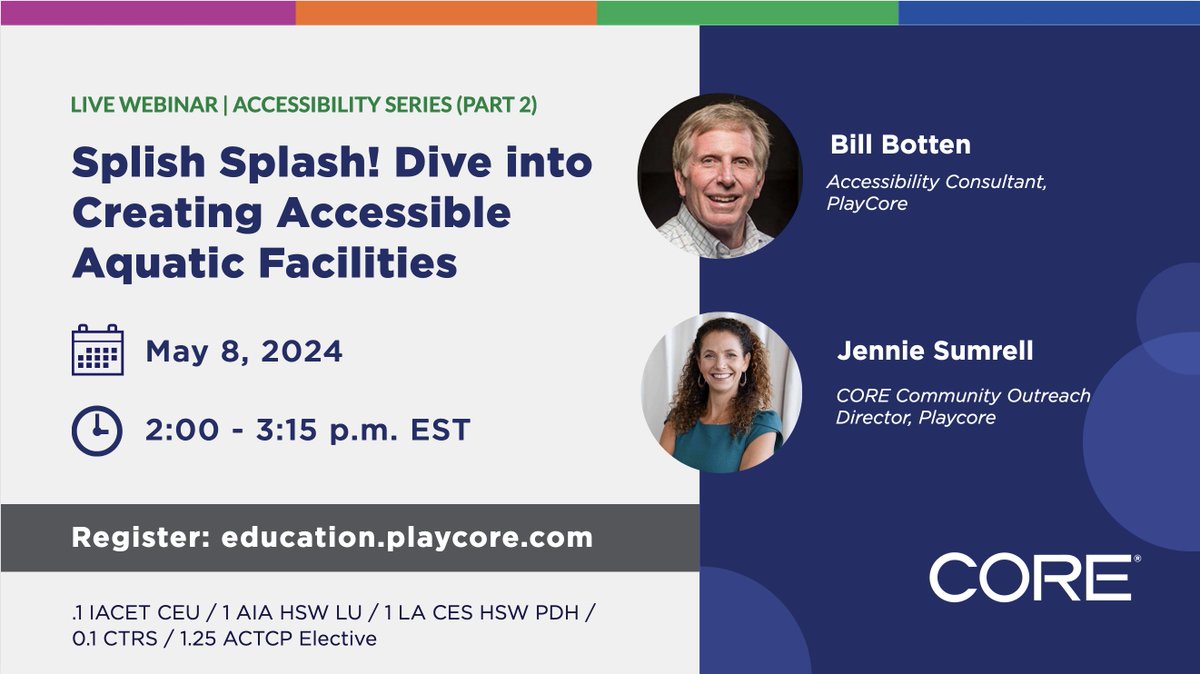 Please join us for a LIVE webinar! This is the second in our Accessibility Series. Splish Splash! Dive into Creating Accessbile Aquatic Facilities. 🤽‍♀️ Register at education.playcore.com and be sure to use the CODE: GAMETIME. #Accessilbity #waterplay #splashpads #PlayCore