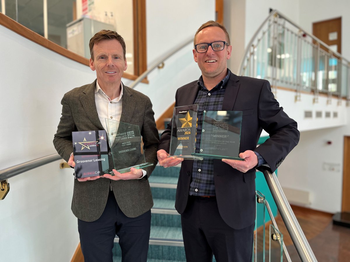 We are so proud to win 4 major fleet awards in succession. The photograph shows Nick Hughes, group CEO, and Lee Brown, group managing director, with the trophies thegrosvenorgroup.co.uk #electricvehicles #electricandhybridvehicles #contracthire #salarysacrifice #fleetmanagement