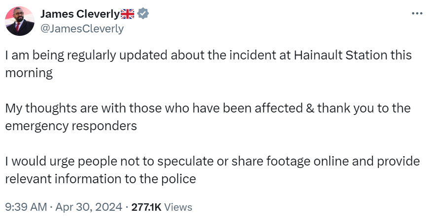 Hello @JamesCleverly. You are right that people should not be sharing video of this incident. Are you aware that Tottenham Conservatives - @TottenhamConse1 - are doing just that in a shameful attempt to exploit the horrendous attack in Hainault for political gain?