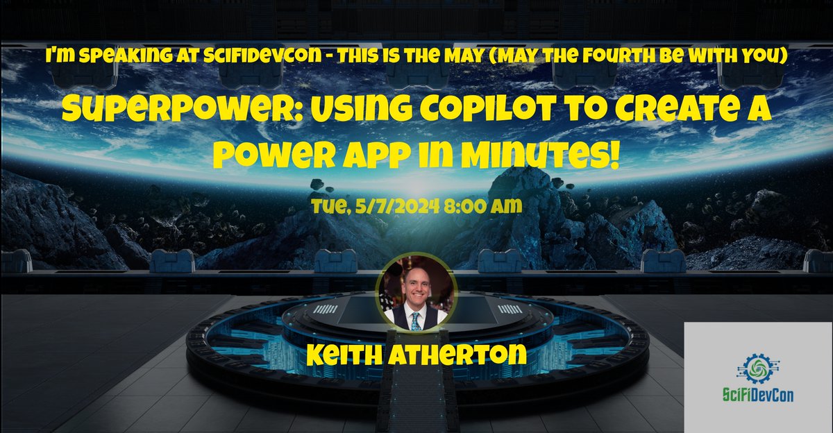 Woohoo! Thrilled to be speaking again at @scifidevcon this year 🔥

🎙️ SuperPower: Using Copilot to Create a Power App in Minutes!
⏲️ May 7th, 2024
📍 scifidevcon.com

Thanks @blgorman for organising everything!

#ThisIsTheMay #MayTheFourthBeWithYou #CommunityRocks…
