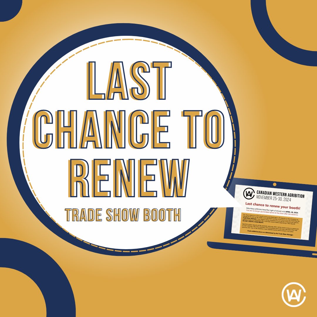 Today’s the LAST DAY to renew your 2023 trade show booth & be guaranteed space at this year's show in November!   Make sure you renew your booth, you won't want to miss the six-day event where over 142,000 visitors came last year!🤠   #LastChanceToRenew #CWATradeShow2024 #CWA2024