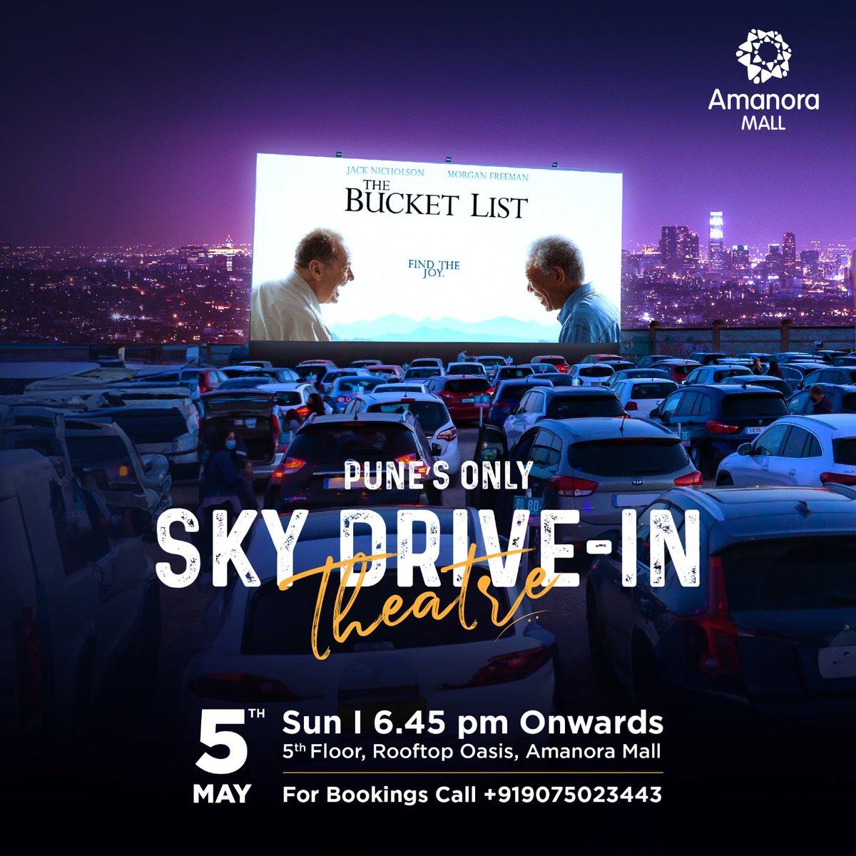 Rev up your engines! 🚗 Join us under the stars for an unforgettable evening at Amanora Sky Drive-in Theater on May 5th, 2024, for  'The Bucket List.' 🌟 May 5th, 6:45 pm onwards.
 Reserve your spot: 📞 +919075023443. #AmanoraMall #Pune #skydrivein #driveintheater #Movies