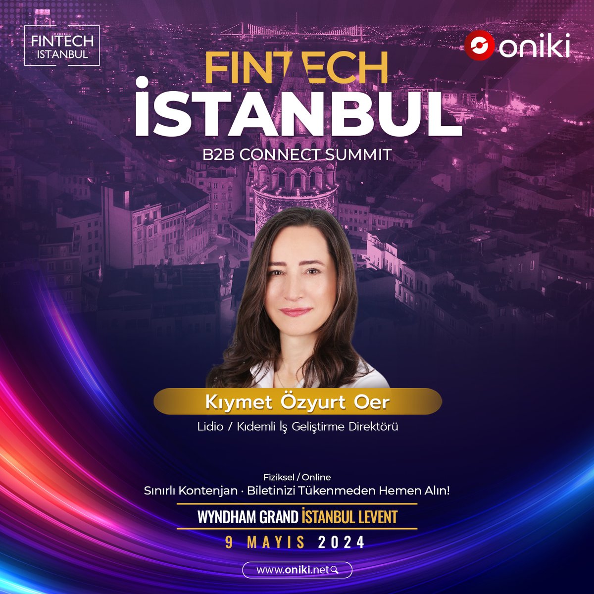 Yapay zeka destekli yeni nesil etkinlik deneyimi @oniki_net ’in @fintech_istanbul iş birliğinde 9 Mayıs’ta düzenleyeceği Fintech İstanbul B2B Connect Summit’te @LidioTR Kıdemli İş Geliştirme Direktörü Kıymet Özyurt Oer konuşmacılarımız arasında yer alacak! 🤩 #oniki #fintech