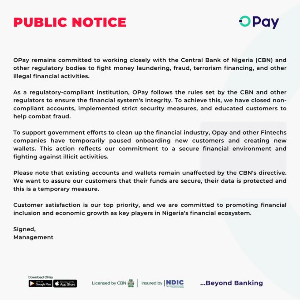 The government's decision to pause services like Moniepoint and Opay from taking on new customers and creating new wallets is a good move. But some people might not like it because they're thinking more about themselves than the country. It's important to put the nation first!