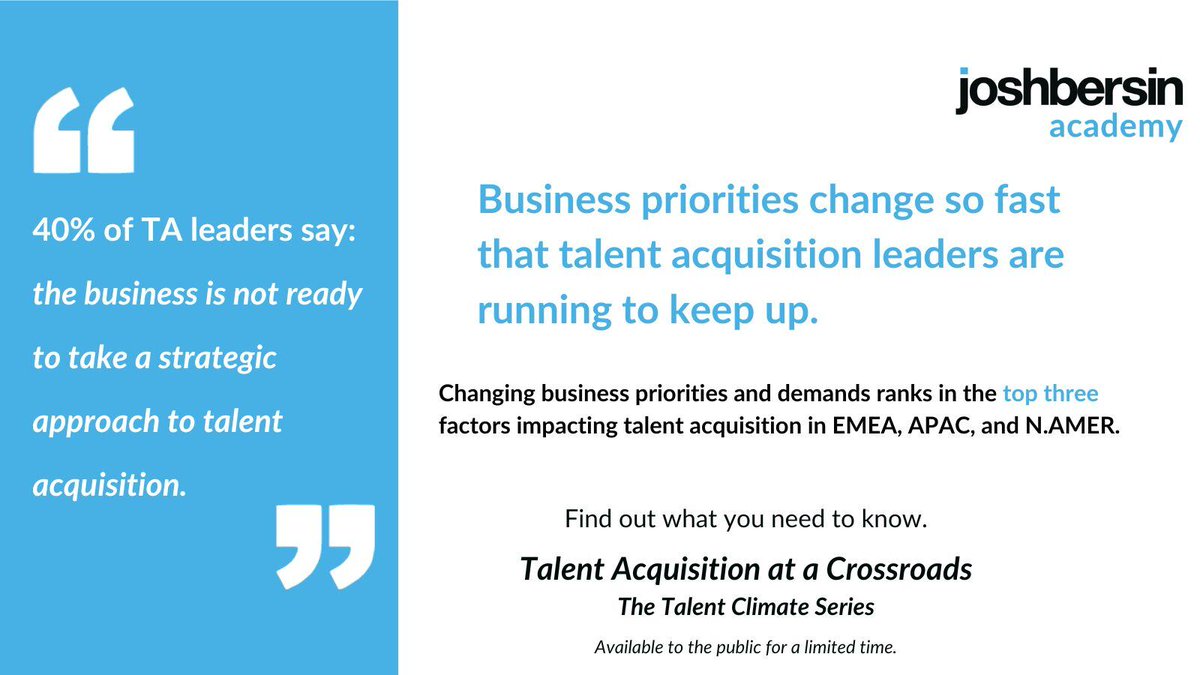 Transitioning talent acquisition teams to be in a more strategic business position faces barriers. The dynamic nature of business priorities becomes a constant complication. Read Talent Acquisition at a Crossroads for more.  hubs.ly/Q02vrbYc0 

#hr #futureofhr #futureofwork