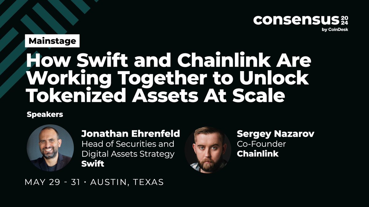 🔑 @swiftcommunity’s Jonathan Ehrenfeld and @Chainlink’s @SergeyNazarov are at the forefront of blending traditional finance with blockchain innovation. 

Join us at #Consensus2024 to unlock the potential of tokenized assets.

🔗 Learn more: consensus2024.coindesk.com/agenda/event/-…