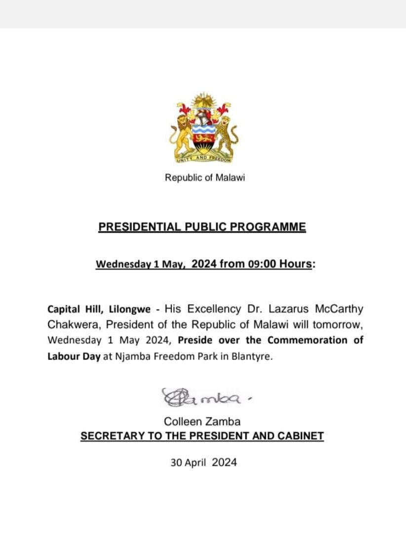 President Lazarus Chakwera to preside over Labour Day commemoration