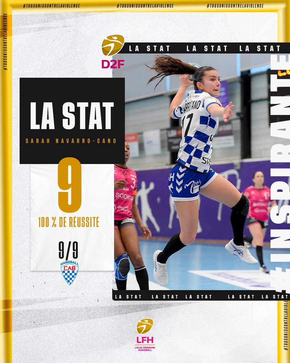 🎯 Moteur dans la victoire de Bègles sur @SGRMHandball, Sarah Navarro-Cano a réalisé la partie parfaite lors de la 22e journée de #D2F ! 👸🏻 Elle a ainsi inscrit un terrible 9/9 et réalise donc LA STAT de la semaine ! #inspirante