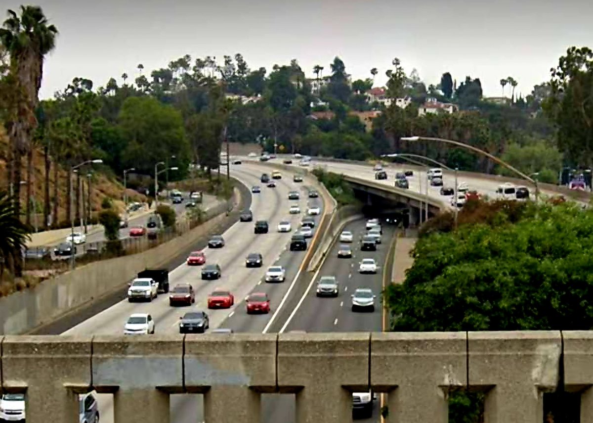 c. 1951, 1954 & 2020 - Cahuenga Pkwy/Hollywood Fwy (US-101) at Highland Ave; view SE from Pilgrimage Bridge (DOH & Google photos). Pacific Electric tracks were removed in 1953 due to low ridership.