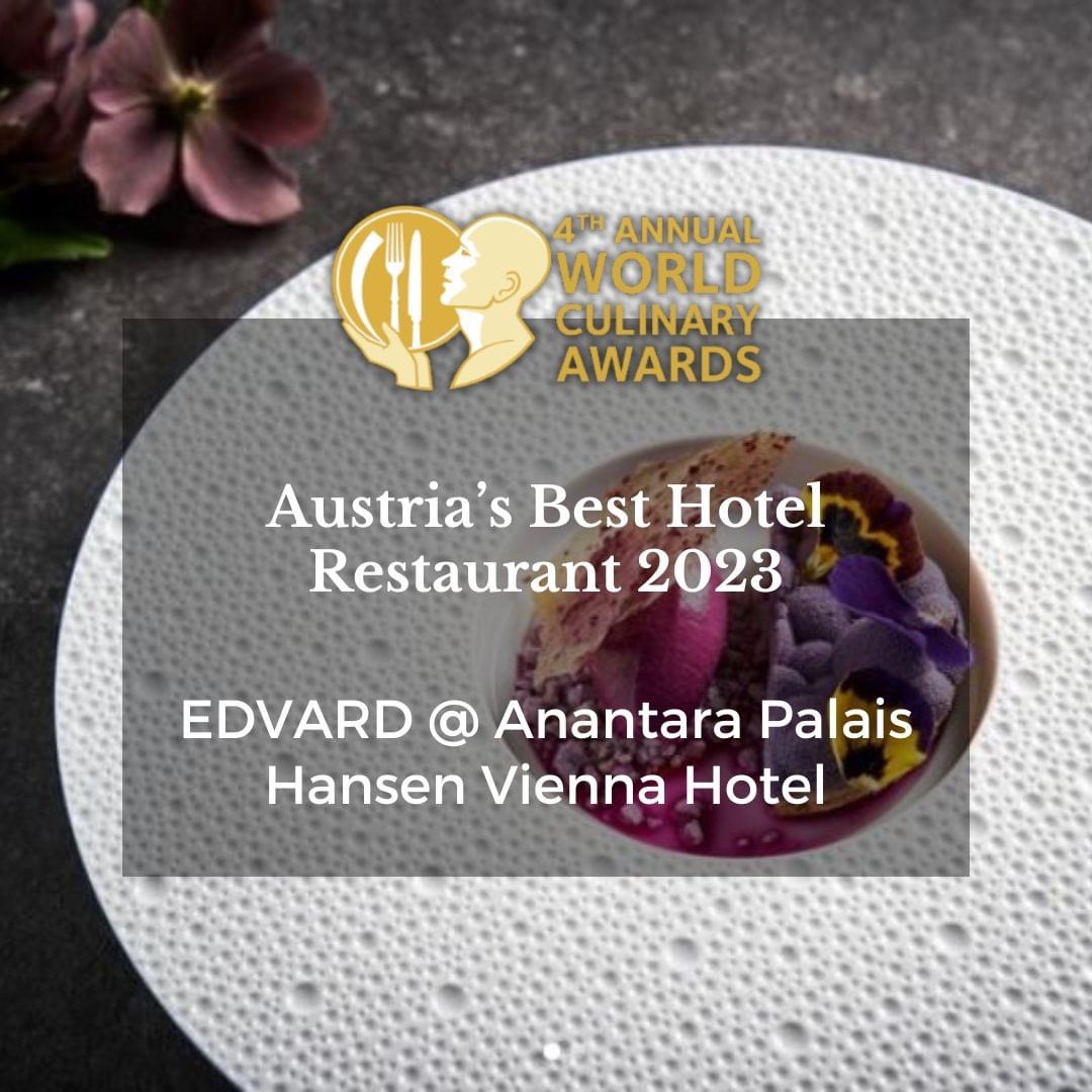 EDVARD @ Anantara Palais Hansen Vienna Hotel was voted 'Austria's Best Hotel Restaurant 2023' at the 4th annual World Culinary Awards.

@anantaravienna 

#worldculinaryawards #worldculinaryawards2023 #culinaryawards #hotelrestaurant #bestrestaurants #austria