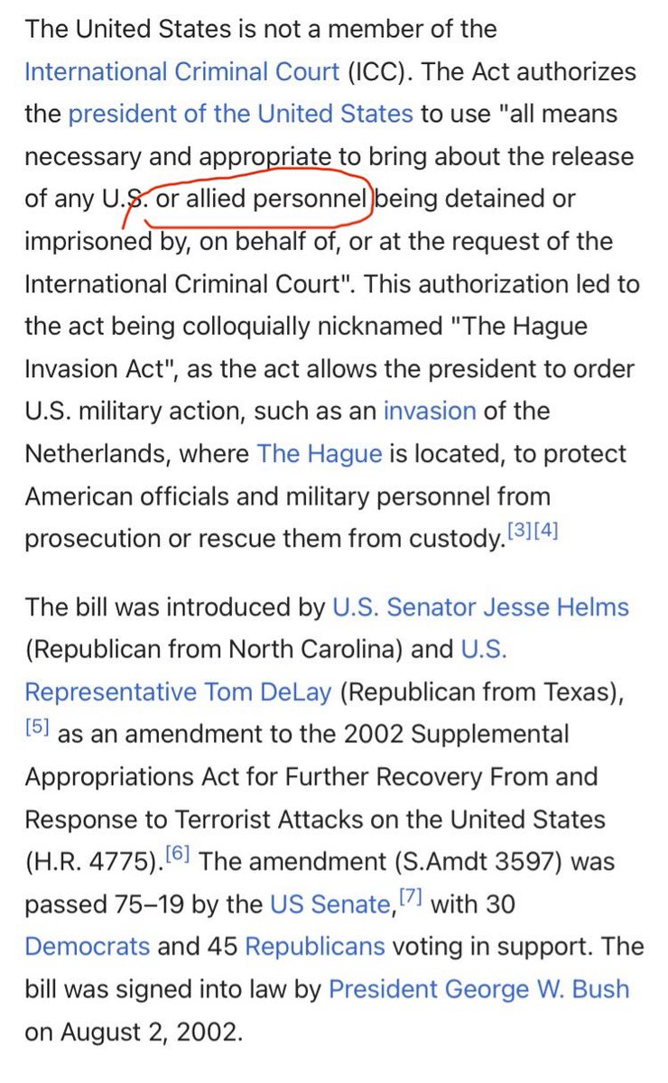 If the ICC tried to arrest these Israelis, the U.S. would drone strike The Hague if they felt it necessary. I’m not kidding. en.m.wikipedia.org/wiki/American_…