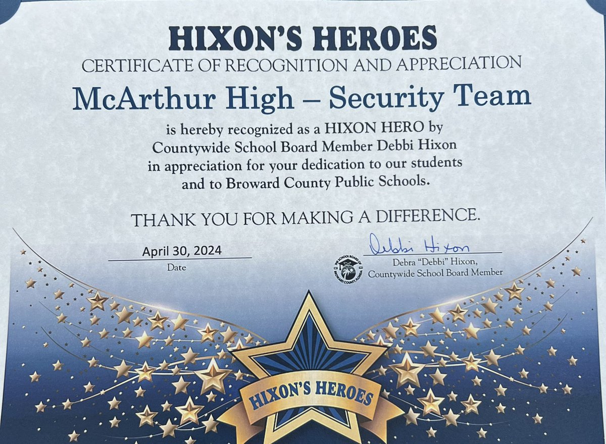 Our school is honored to have received the prestigious Hixon’s Hero Award! Congratulations to Ms. Weldon, Mr Mullens, and our entire security team! @debbi_hixon @abroomsville @Mr_P_MCA @browardschools