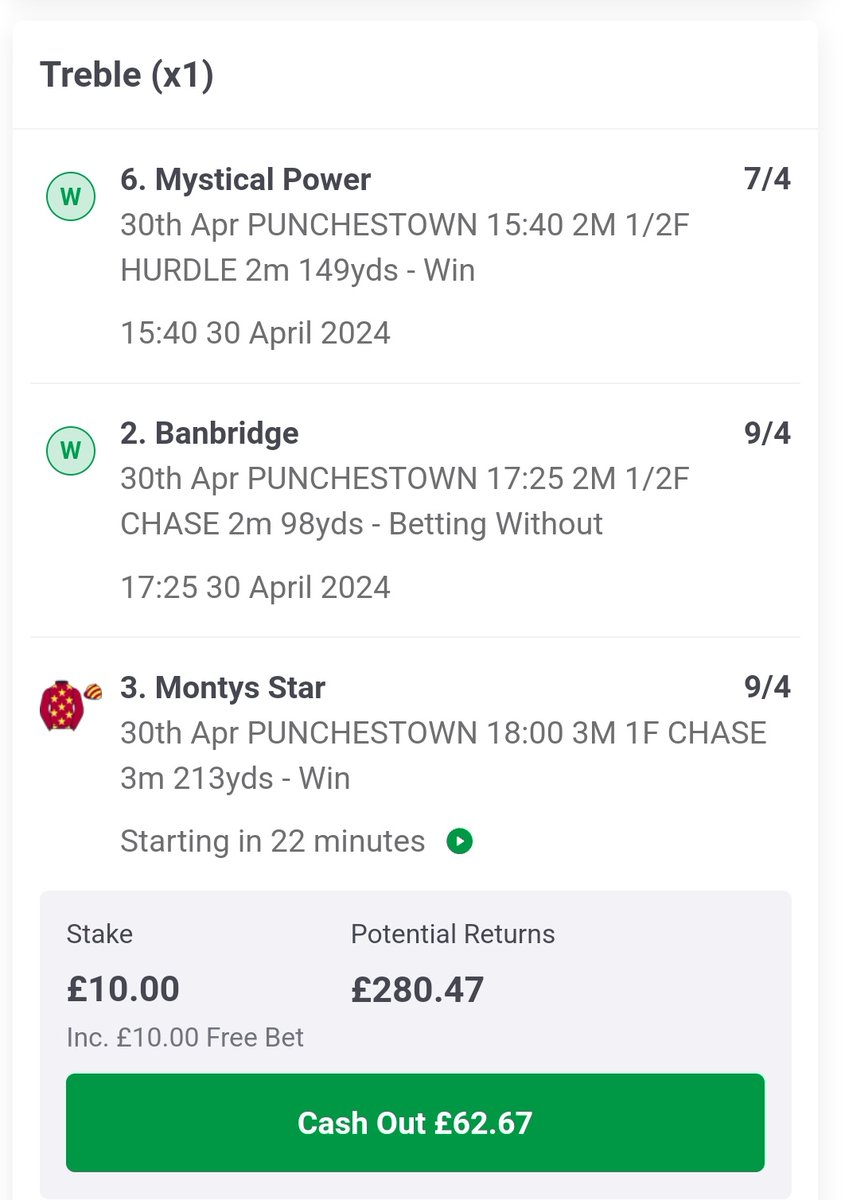 Pussied out on the Banbridge win but 9/4 without dinoblue... montys star for the treble 🙏
