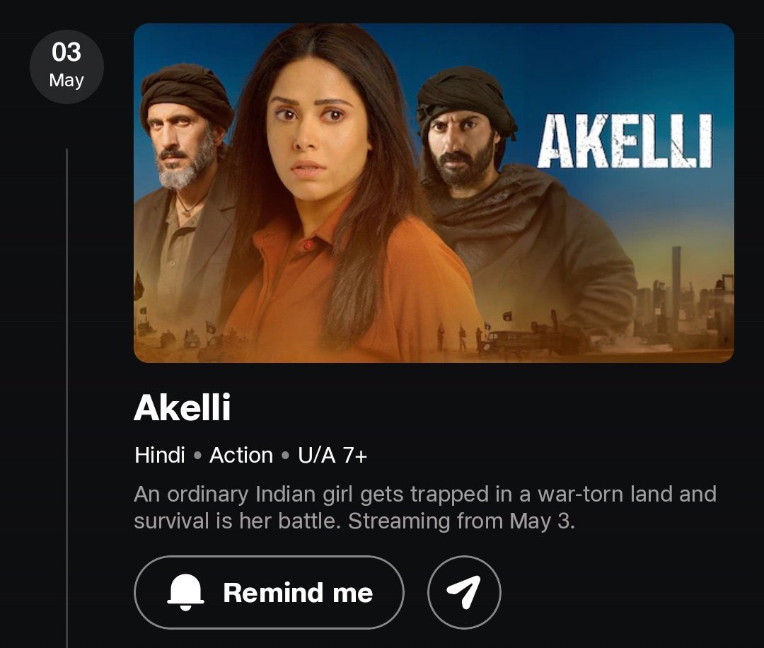 #Akelli premieres May 3rd on @JioCinema.

@nushrratt #NishantDahiya #AmirBoutrous @TsahiHalevi @NitinPVaidya @ninad_nv @aparnavpwoman @sharmaa_adi  #ShashantShah @vickysidana_ #DipeshMistry @NihalVaidya2 @ReshmaMorajkar