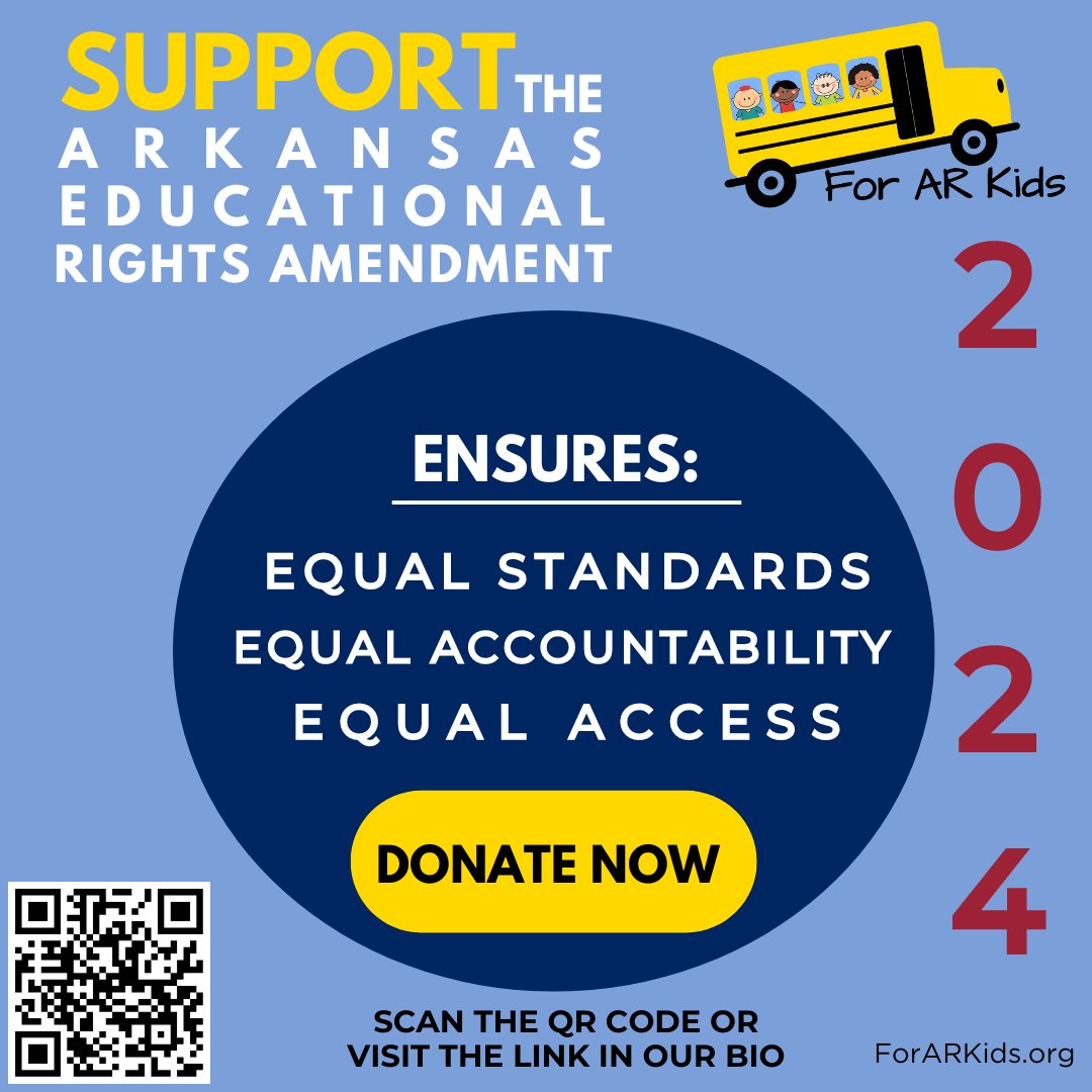 ForARKids's tweet image. We already have opposition to our campaign, and time is running out! Can you donate to ForARKids to help us get the Arkansas Educational Rights Amendment of 2024 on the November ballot? Visit forarkids.org/donate. Let's secure a brighter future for AR kids!