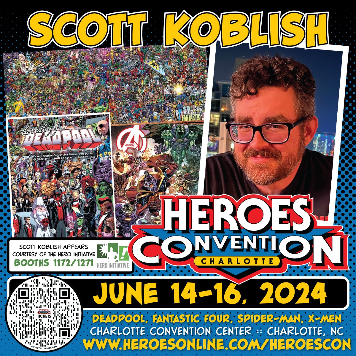 Six weeks out! Coming June 14-15-16, one of the BEST conventions on the comic circuit: @heroesonline Con in Charlotte, NC! Hero Initiative will be in attendance with record-breaking artist Scott @Koblish! Get you there! Tix and info: heroesonline.com/heroescon/