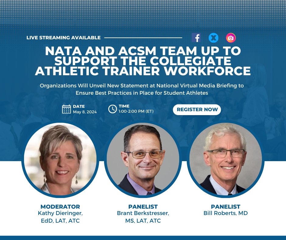 On May 8, NATA and @ACSMNews will issue a joint statement, through a virtual media briefing, in support of the collegiate athletic trainer workforce and the student athletes they work with. Register: ehttps://nata.zoom.us/webinar/register/WN_B3ab-vyVQOqXbL0MC-Nctg#/registration