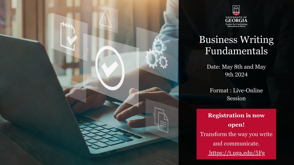 Transform your writing skills! Join UGA Business Writing Fundamentals  May 8-9, 9 AM-1 PM ET. Live-Online. Master the art of concise and compelling writing in the workplace. Don’t miss out – Register now!  t.uga.edu/5Fg 
#BusinessWriting #UGA #GACenter