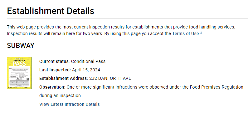 @TOPublicHealth Inspectors issued a Conditional Pass Notice for SUBWAY, 232 DANFORTH AVE. due to 8 infractions observed. Including 2 Crucial Infractions 'Fail to ensure food handler washes hands & Fail to process food in manner safe to eat'' @SUBWAY report toronto.ca/community-peop…