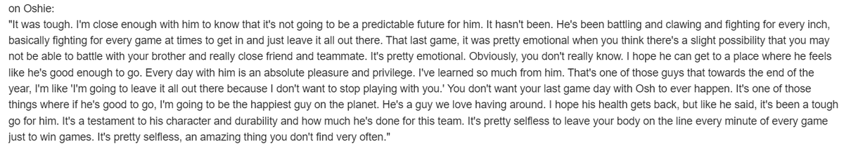 Tom Wilson on T.J. Oshie: 'I hope he can get to a place where he feels like he's good enough to go. ... You don't want your last game day with Osh to ever happen. It's one of those things where if he's good to go, I'm going to be the happiest guy on the planet.' #AllCaps