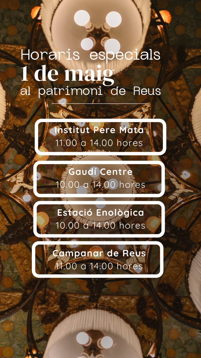 ⏰Aquest 1 de maig obrim portes al patrimoni de #Reus durant el matí!
😊 Us hi esperem!

#GaudíReus #CiutatambCaràcter #CostaDaurada