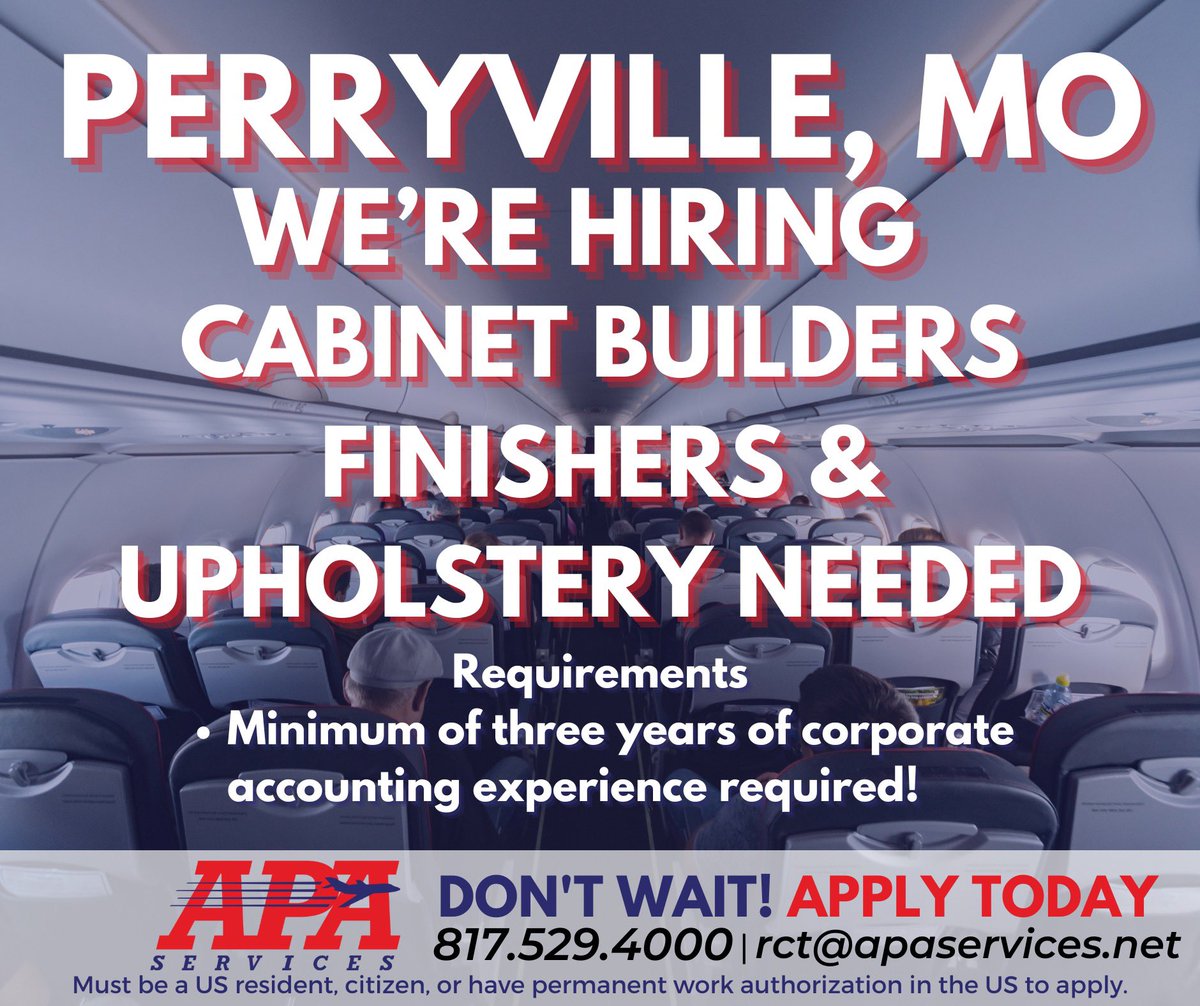 APA_Services's tweet photo. Join our team in Perryville, MO! We're seeking skilled cabinet builders, finishers, and upholstery experts. Apply today by calling 817-529-4000 or emailing rct@apaservices.net. Don't miss out on this opportunity!  #PerryvilleMO #CabinetBuilders #HiringNow https://t.co/4S490DJpDL