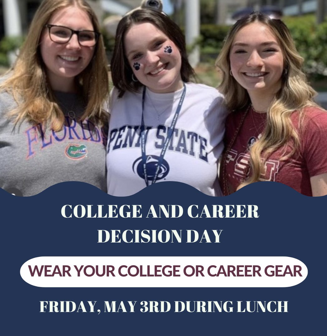 ATTENTION SENIORS! This Friday, May 3rd is College & Career Decision Day at Dwyer High School. Wear your college or career gear to school.
#WeAreDwyer #Seniors #CO2024