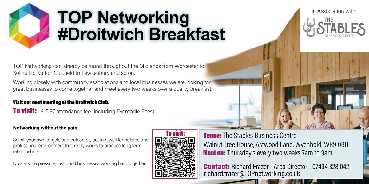 TOP Networking Droitwich Breakfast: Every two weeks on Thursday at 7 am at The Stables Business Centre. £14 per visit. @TOP_Worcester #WorcestershireHour #Ad