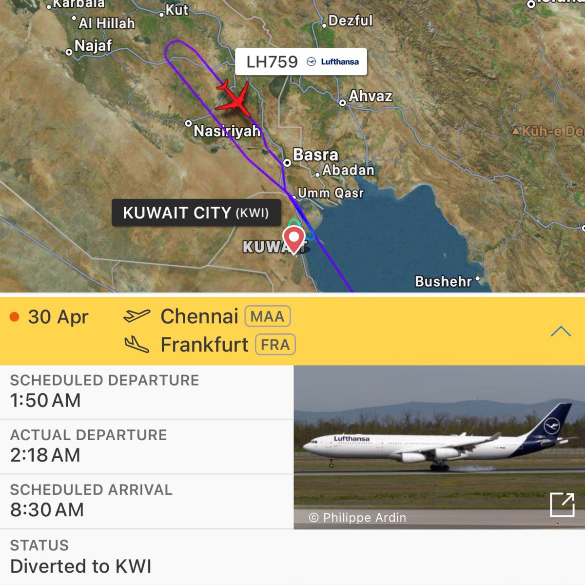 Lufthansa operating from Chennai to Frankfurt was diverted to Kuwait after declaring emergency due to a medical issue earlier today.

The aircraft later left Kuwait & arrived at Frankfurt with a delay of 3 hours

#aerowanderer #aviation #lufthansa #chennai #chennaiairport