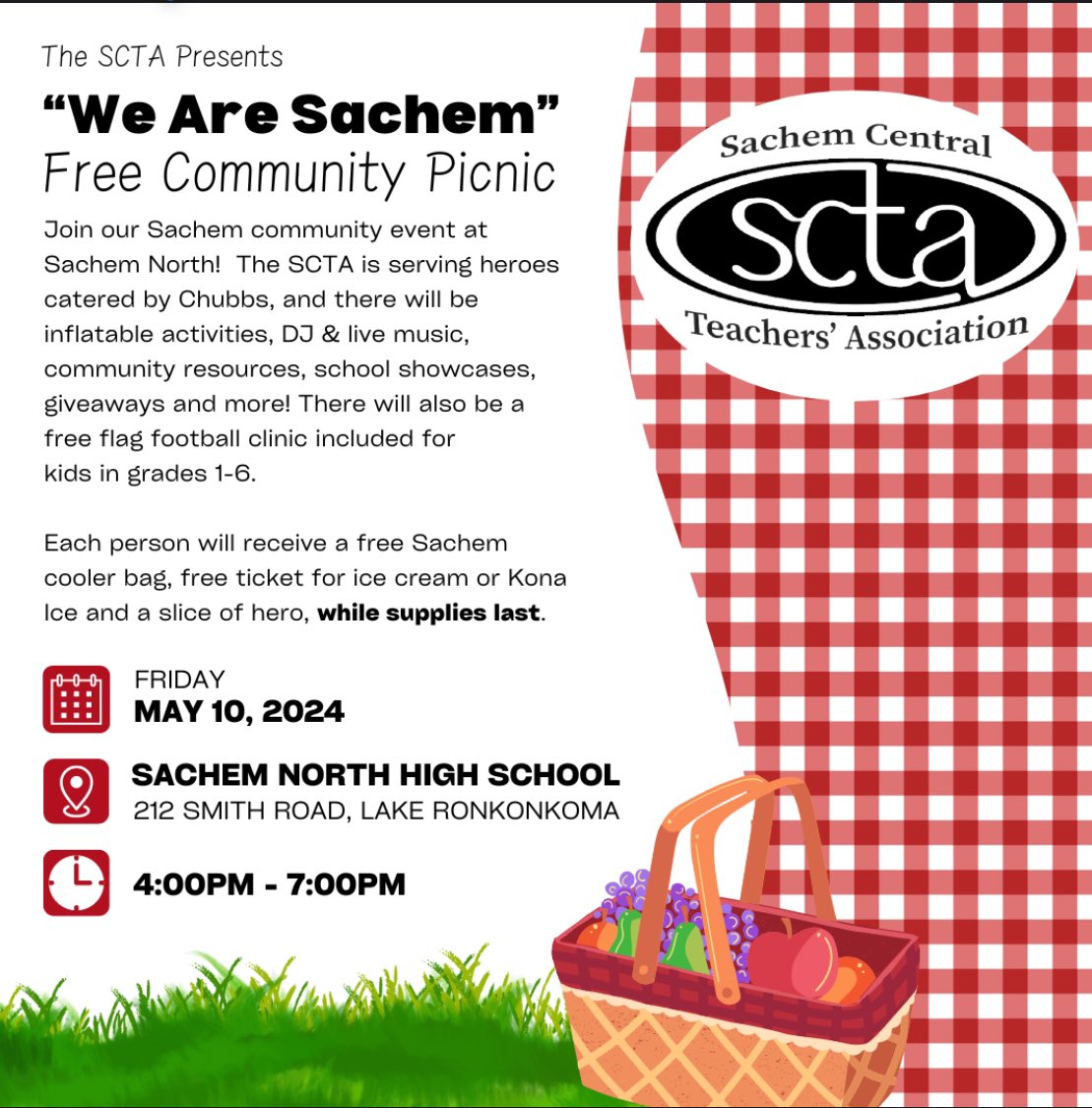 The SCTA proudly presents “We Are Sachem” 🌟FREE🌟 Community Picnic! Fun for all ages ~ May 10th at Sachem North! @nysut @wearethescta #community #picnic #sachem
