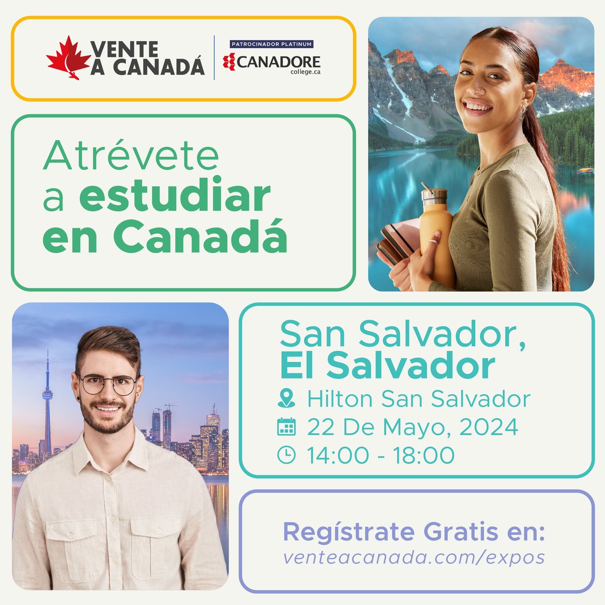 ¡#SanSalvador, #Canadá te espera! 🍁 
Este 22 de mayo asiste a la Expo Vente a Canadá y conoce institutos, colleges y universidades para estudiar en 🇨🇦 

🕒 Ven al evento de 2:00pm a 6:00pm
📍 Hilton San Salvador

👉Regístrate GRATIS en venteacanada.com/expos y asegura tu lugar