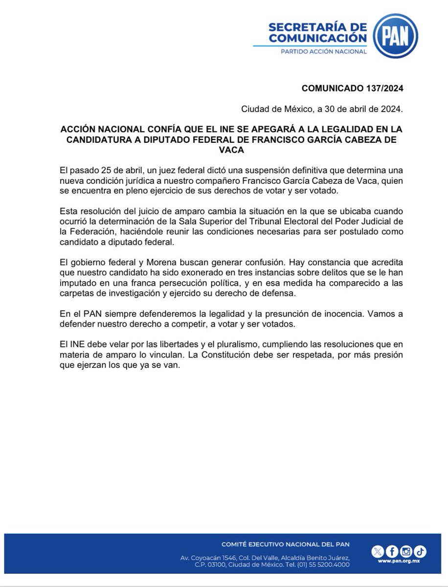 Confiamos que el INE se apegará a la legalidad en la candidatura a diputado federal de Francisco García Cabeza de Vaca. Es primordial que cumplan con su labor de velar por las libertades y el pluralismo, cumpliendo las resoluciones que en materia de amparo lo vinculan.