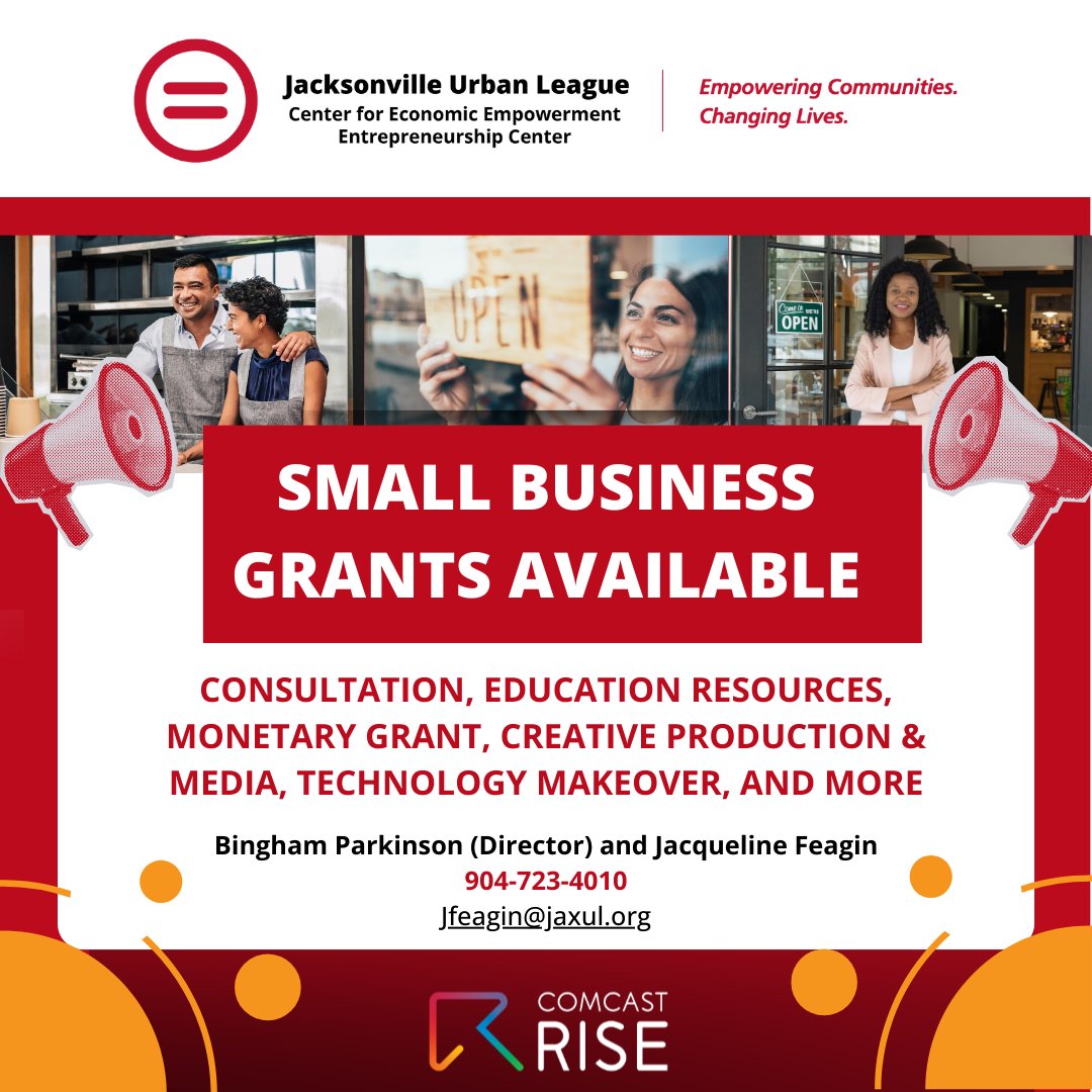 Jacksonville Urban League Center for Economic Empowerment is here to help established businesses apply for the $5,000 Comcast Project Rise Grant. Comcast aims to support 100 diverse businesses. Don't miss out! #ComcastRISE #SmallBizSupport #EconomicEmpowerment