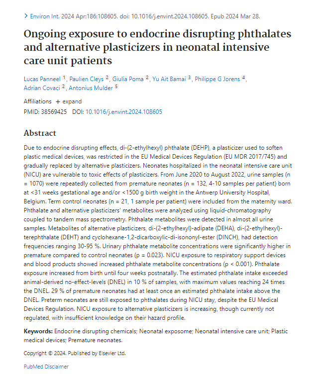 This is a shocking study. Babies in intensive care, including premature babies, are exposed to a cocktail of endocrine-disrupting plastic chemicals, including phthalates at up to 24 TIMES 'safe' no-effect levels.