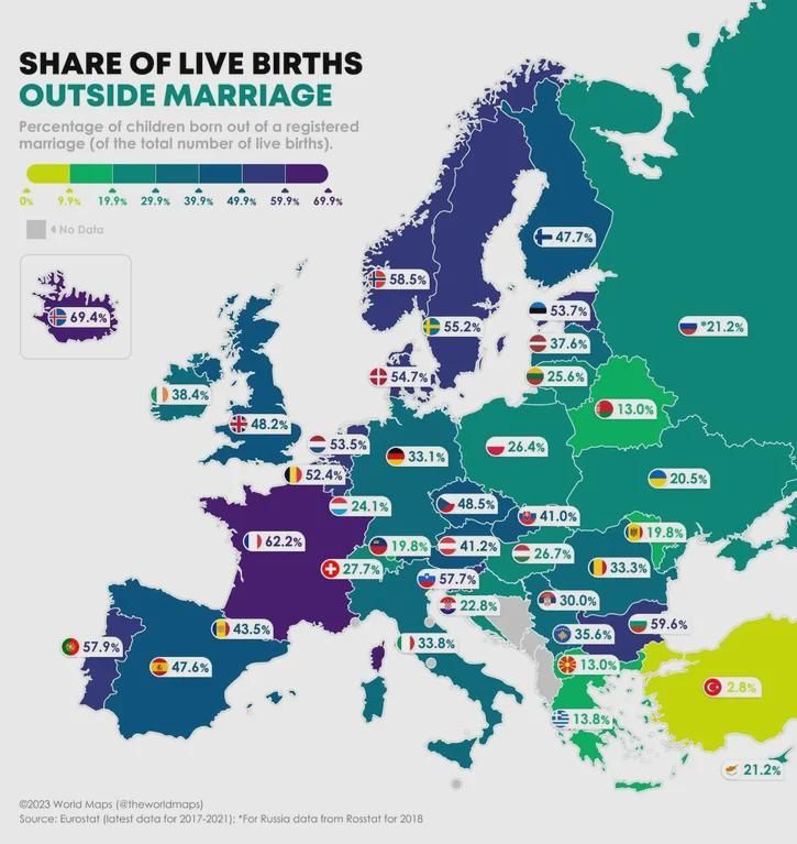 Percentage of children born out of a registered marriage by @theworldmaps.