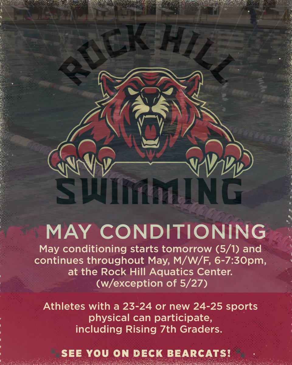 💦Ready to get your feet wet, Bearcats? May conditioning starts tomorrow! See you on deck! 🐾 @OzzieAhl2 @RHBearcats @Coach_JDuncan @RockHillSchools